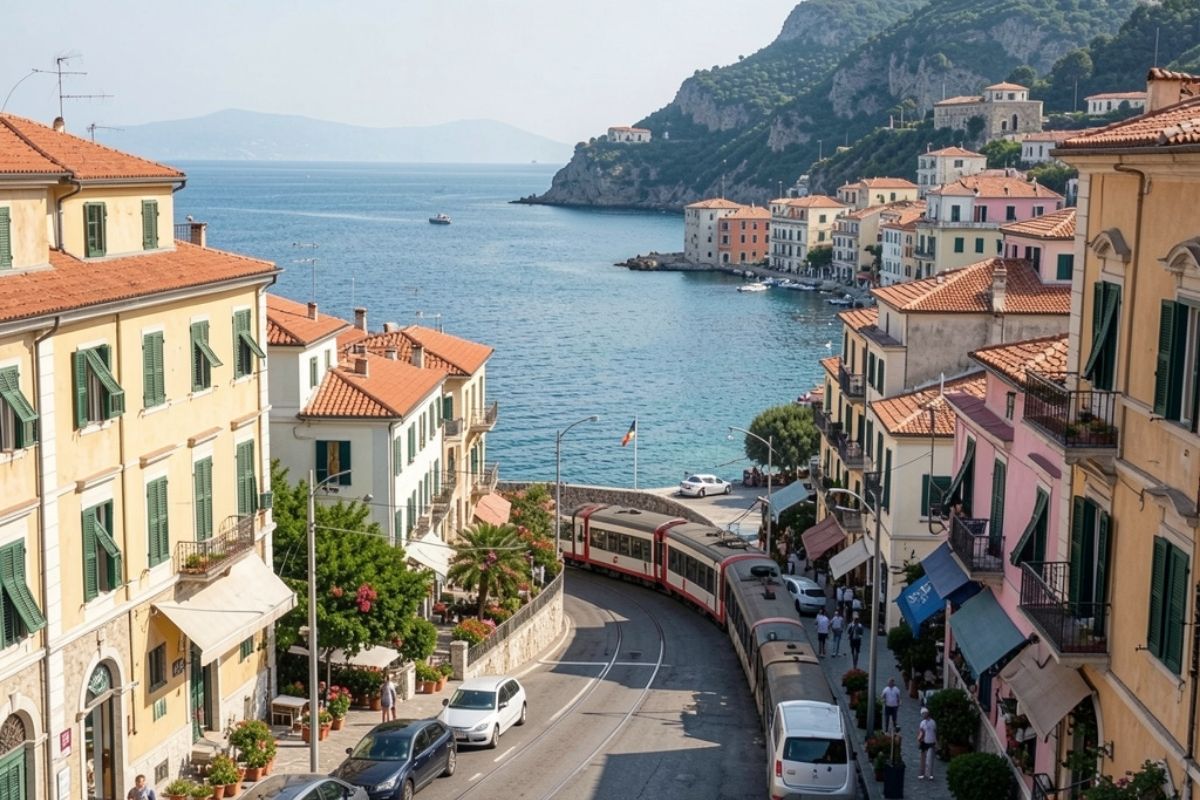 Vista panoramica dell'arrivo a Gaeta con il mare sullo sfondo, auto e treno che si avvicinano alla città, atmosfera accogliente e mediterranea